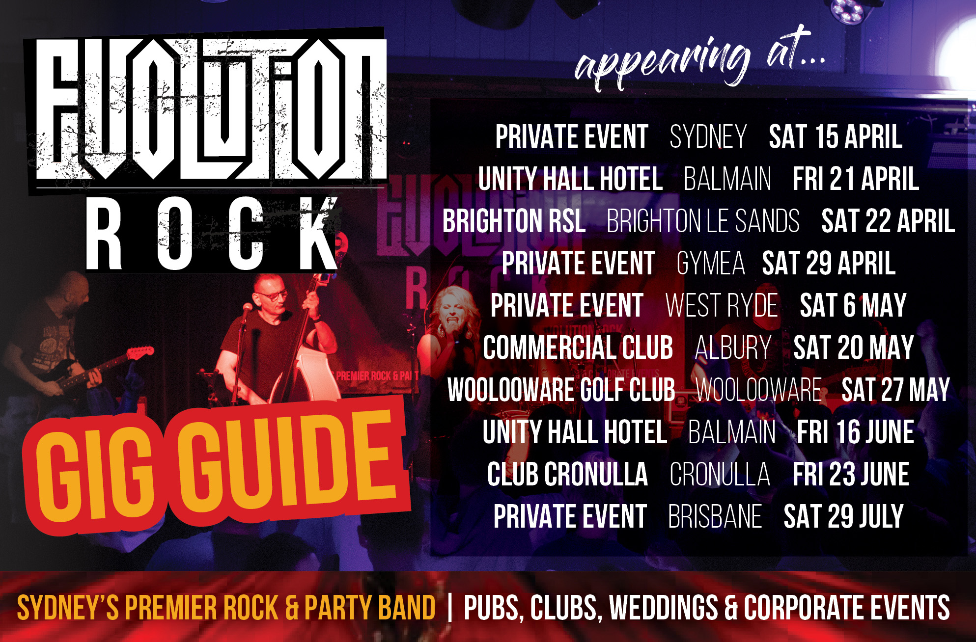evolution rock, sutherland shire covers band, rock band, sydney covers band, pub band, party band, 5 piece band, female singer, wedding band, rock guitar band, double bass