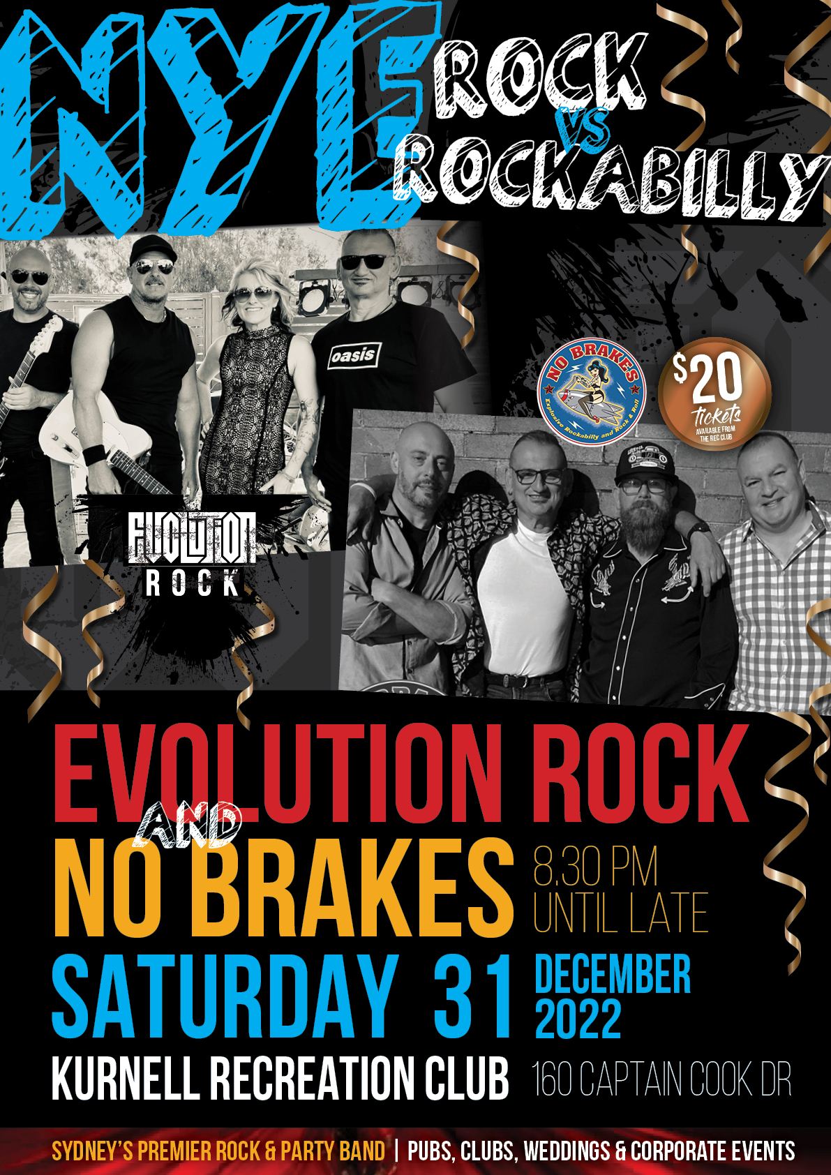 evolution rock, sutherland shire covers band, rock band, sydney covers band, pub band, party band, 5 piece band, female singer, wedding band, rock guitar band, double bass